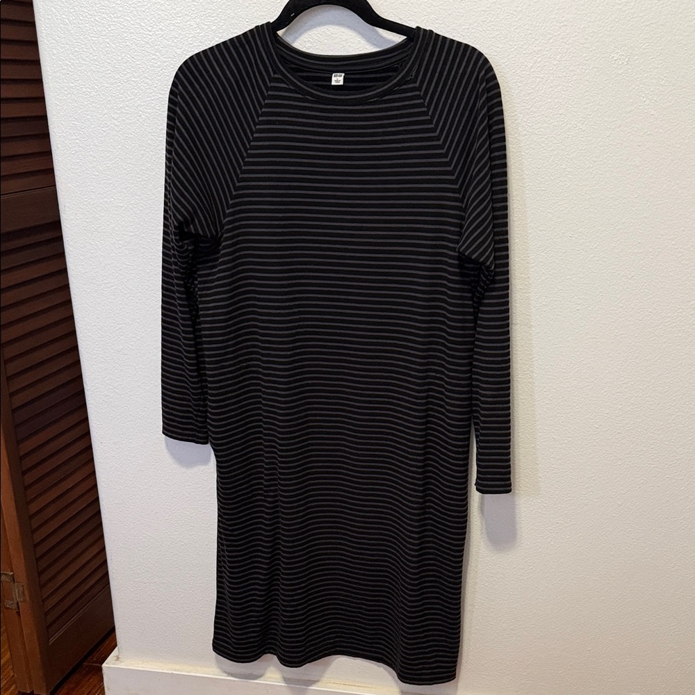 Uniqlo Black and Gray Striped Heattech Long Sleeve Dress